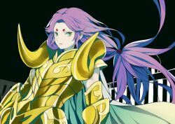  1boy aqua_eyes aries_muu armor bad_id bad_pixiv_id cowboy_shot facial_mark forehead_mark gold_armor gold_saint kawwa long_hair looking_at_viewer low_ponytail male_focus pale_skin parted_lips ponytail purple_hair saint_seiya simple_background solo 