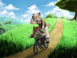  4:3 anthro bicycle blue_eyes bottomwear brown_eyes canid canine clothing cloud cycling duo footwear grass kogawa_kenji male mammal one_eye_closed outside pants plant sandals shirt sky tail tank_top topwear tree vehicle wood young young_anthro 