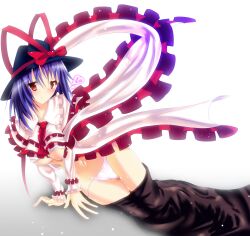  absurdres bad_hands bad_id bad_pixiv_id blue_hair breasts clothes_lift clothes_pull female frills hat heart highres medium_breasts nagae_iku navel panties red_eyes shawl shirt_lift skirt skirt_pull solo sousakubito touhou underboob underwear white_panties 