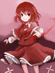  commentary_request cross dress female hko okazaki_yumemi pink_background red_dress red_eyes red_hair red_theme short_hair smile solo touhou touhou_(pc-98) 