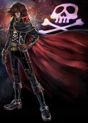  1boy belt boots brown_hair cape commentary_request gloves harlock harlock_saga highres male_focus multiple_belts pirate retro_artstyle scar science_fiction skull_and_crossbones solo space star_(sky) uchuu_kaizoku_captain_harlock uniform weapon yusao 