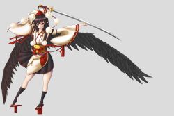  bad_id bad_pixiv_id black_hair black_socks black_wings commentary_request female geta grey_background hat highres japanese_clothes katana kourindou_tengu_costume looking_at_viewer photoshop_(medium) pointy_ears red_eyes shameimaru_aya socks solo sword tengu-geta tokin_hat touhou untue weapon wings 