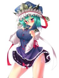  absurdres bad_id bad_pixiv_id black_skirt blue_eyes blush breasts female green_hair hands_on_own_chest hat highres lace lace-trimmed_skirt lace_trim large_breasts lowleg lowleg_panties miniskirt panties ribbon-trimmed_skirt ribbon_trim shiki_eiki side-tie_panties skirt solo sousakubito spread_legs thighs touhou underwear 