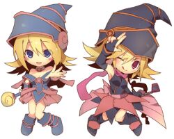  2girls :p blonde_hair blue_eyes blue_footwear boots chibi commentary_request dark_magician_girl duel_monster gagaga_girl hat ju-zika multiple_girls one_eye_closed outstretched_hand pentacle red_eyes simple_background staff tongue tongue_out yu-gi-oh! yu-gi-oh!_zexal 