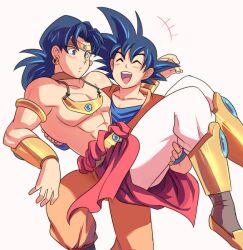  2boys black_hair bridal_style broly carrying closed_eyes dragon_ball dragon_ball_z earrings jewelry jiayu_long multiple_boys necklace pixiv_thumbnail princess_carry resized smile son_gokuu 