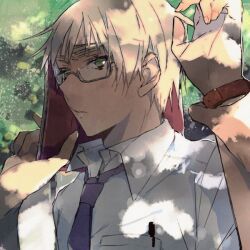  axis_powers_hetalia blonde_hair book glasses green_eyes looking_at_viewer necktie pens short_hair solo tie tsunekawa_niwasuke united_kingdom united_kingdom_(hetalia) 