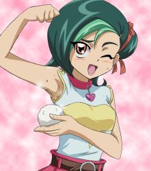  arm_up armpit armpits belt blush bust clenched_hand female female food green_hair hair_bun hair_ornament heart highres looking_at_viewer makino_tomoyasu mizuki_kotori_(yugioh_zexal) mizuki_kotori_(yuu-gi-ou_zexal) onigiri open_mouth orange_eyes pink_background riceball short_hair simple_background smell solo sweat uniform upper_body what wink yu-gi-oh! yuu-gi-ou_zexal zexal 