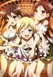  3girls :o ;d absurdres arm_hug bent_over blonde_hair blue_eyes blush breasts brown_eyes brown_hair cleavage dirndl dress erica_hartmann german_clothes gertrud_barkhorn highres large_breasts minna-dietlinde_wilcke multiple_girls nyantype official_art oktoberfest one_eye_closed onoda_masahito open_mouth short_dress smile strapless strapless_dress strike_witches trait_connection underbust world_witches_series 