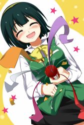  :d ^_^ bad_id bad_pixiv_id bob_cut closed_eyes confetti dutch_angle female green_hair highres idolmaster idolmaster_(classic) mole mole_under_mouth nishimuku_meri open_mouth otonashi_kotori short_hair smile solo star_(symbol) vest 