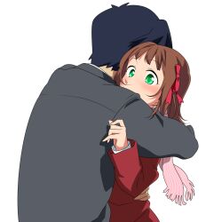  1boy amami_haruka brown_hair commentary_request female green_eyes hug idolmaster idolmaster_(classic) producer_(idolmaster) producer_(idolmaster_anime) scarf short_hair surprised takeya_yuuki 