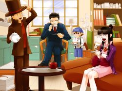  3boys apple ayasato_mayoi ayasoto_mayoi black_eyes black_hair brown_hair capcom crossover cup drink drinks female food fruit gyakuten_saiban gyakuten_saiban hat hershel_layton japanese_clothes kimono level-5 lolicon long_hair luke_triton multiple_boys naruhodou_ryuuichi open_mouth professor_layton professor_layton_vs._gyakuten_saiban quartet short_hair smile tea teacup top_hat traditional_clothes wink 