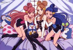  3girls absurdres bed bird blue_hair boots bow brown_hair choker double-h_(mawaru_penguindrum) elbow_gloves gloves highres imageboard_desourced instrument isora_hibari legs long_hair long_legs maracas mawaru_penguindrum megami_magazine microphone multiple_girls nishigaki_shouko non-web_source official_art penguin penguin_1-gou penguin_2-gou penguin_3-gou pillow red_hair star_(symbol) takakura_himari tambourine utada_hikari very_long_hair 