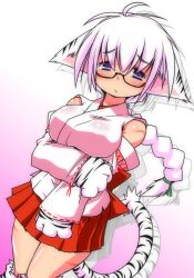  animal_ears animal_hands bare_shoulders cat_ears cat_paws cat_tail commentary_request female glasses gloves original otoo_(izanagi) paw_gloves solo tail tiger_stripes white_hair 