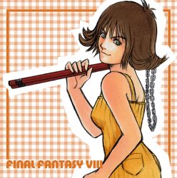  bare_shoulders brown_hair chains curly_hair dress female final_fantasy final_fantasy_viii green_eyes looking_at_viewer nunchucks perfect_command selphie_tilmitt short_hair solo 