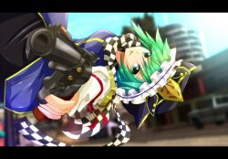  aiming aiming_at_viewer bad_id bad_pixiv_id blurry city depth_of_field female foreshortening green_eyes green_hair gun handgun hat letterboxed pandora-ex revolver scarf shiki_eiki solo touhou weapon 