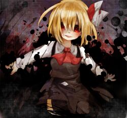  ascot black_skirt blonde_hair commentary_request darkness edo. female hair_ribbon medium_skirt outstretched_arms red_eyes ribbon rumia shirt short_hair skirt skirt_set smile solo touhou vest 