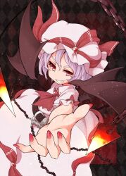  ascot bat_wings belt blue_hair chains commentary_request dress female foreshortening grin hat highres miserable_fate nail_polish outstretched_hand pink_dress red_eyes remilia_scarlet sacha sharp_teeth smile solo teeth touhou wings 