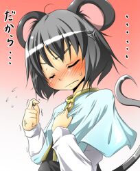  aki_(akikaze_asparagus) anger_vein angry animal_ears blush closed_eyes commentary_request female grey_hair mouse_ears mouse_tail nazrin photoshop_(medium) solo sweatdrop tail touhou translated 