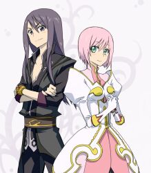  1boy black_eyes black_hair bracelet commentary_request crossed_arms estellise_sidos_heurassein female gloves green_eyes hana_azuki jewelry long_hair pink_hair smile tales_of_(series) tales_of_vesperia yuri_lowell 