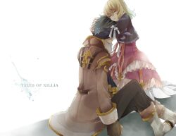  1boy alvin_(tales) blonde_hair boots bow brown_hair closed_eyes coat comforting commentary_request copyright_name couple dress elize_lutus female frills gloves height_difference hug ichinose_(sorario) knee_boots light_particles pants photoshop_(medium) ribbon sad short_hair sitting straight tales_of_(series) tales_of_xillia 