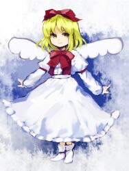  angel_wings blonde_hair bow bowtie commentary_request female frilled_skirt frills gengetsu_(touhou) hairbow hko juliet_sleeves long_skirt long_sleeves looking_at_viewer parted_bangs partial_commentary puffy_sleeves red_bow red_bowtie red_ribbon red_vest ribbon shirt short_hair skirt smile socks solo standing touhou touhou_(pc-98) vest white_shirt white_skirt white_socks wings yellow_eyes 