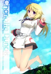  bad_id bad_pixiv_id barefoot blonde_hair charlotte_dunois female icedango_(dpopic3) infinite_stratos jumping long_hair panties pantyshot purple_eyes solo underwear uniform 