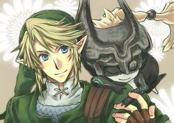  1boy bad_id bad_pixiv_id blonde_hair blue_eyes closed_eyes earrings female gloves helmet jewelry kosato link midna pointy_ears smile the_legend_of_zelda the_legend_of_zelda:_twilight_princess 