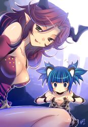  2girls bad_id bad_pixiv_id blue_hair breasts castanic cleavage elin horns mame-p medium_breasts multiple_girls photoshop_(medium) pointy_ears red_hair single_horn small_breasts tera_online thighhighs 