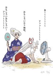  2girls all_fours commentary_request electric_fan fan_speaking fanning_face fujiwara_no_mokou hair_up hand_fan japanese_clothes kamishirasawa_keine kimono multiple_girls paper_fan sitting surprised tadashi touhou translated uchiwa yukata 