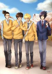  4boys bag black_hair blonde_hair brown_hair cherry_blossom cherry_blossoms cherry_tree cloud clouds facial_mark flower hand_holding inuzuka_kiba kaya_(kiba754) male male_focus md5_mismatch multiple_boys nara_shikamaru naruto necktie ponytail school_uniform short_hair sky smile spiked_hair spiky_hair tattoo tie tree uchiha_sasuke uniform uzumaki_naruto whiskers 