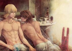  2boys abs back barnaby_brooks_jr bed bed_sheet blonde_hair blue_eyes bottle brown_eyes brown_hair chest computer condom glasses jewelry kaburagi_t_kotetsu male male_focus multiple_boys muscle necklace nipples nude pecs pillow sheet sitting stuffed_toy tiger_&amp;_bunny tissue tissue_box yaoi 