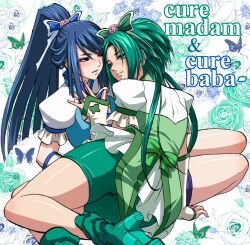  2girls akimoto_komachi blue_eyes blue_flower blue_hair blue_rose blush bug butterfly butterfly_hair_ornament commentary_request cure_aqua cure_mint eye_contact flower green_eyes green_flower green_hair green_rose green_shorts hair_ornament long_hair looking_at_another magical_girl minarai_zouhyou minazuki_karen multiple_girls ponytail precure rose shorts shorts_under_skirt sitting wide_ponytail yes!_precure_5 yuri 