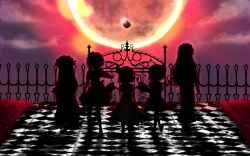  5girls apple bad_apple!! bad_id bad_pixiv_id checkered_floor daffobird flandre_scarlet food fruit full_moon highres hong_meiling izayoi_sakuya moon multiple_girls patchouli_knowledge photoshop_(medium) red_moon remilia_scarlet silhouette touhou 