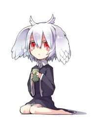  :&lt; albino bad_id bad_pixiv_id barefoot blush_stickers cup en@rain female full_body head_wings original red_eyes shuni_(en@rain) simple_background sitting solo wariza white_hair wings 