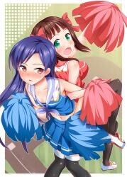  2girls amami_haruka blue_hair brown_eyes brown_hair cheerleader commentary_request green_eyes idolmaster idolmaster_(classic) kisaragi_chihaya long_hair multiple_girls navel pom_pom_(cheerleading) short_hair takasaka_donten thighhighs 