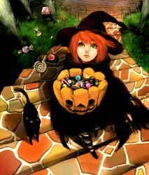  black_cat candy candy_cane feline green_eyes gumball halloween hat lollipop red_hair striped striped_legwear swirl_lollipop walking witch witch_hat 