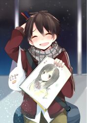  1boy arm_behind_head bad_id bad_pixiv_id bag blush brown_hair closed_eyes drawing jacket male_focus open_clothes open_jacket open_mouth original plaid plaid_scarf plastic_bag pun2 scarf shoulder_bag sketchbook smile track_jacket 