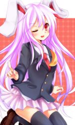  animal_ears black_thighhighs blazer commentary_request female jacket long_hair lowres one_eye_closed purple_hair rabbit_ears rai_(rai-s) red_eyes reisen_udongein_inaba solo thighhighs touhou 