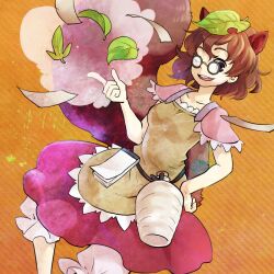  animal_ears bottle brown_eyes brown_hair brown_skirt commentary_request female futatsuiwa_mamizou glasses leaf leaf_on_head miniskirt notepad pince-nez raccoon_ears raccoon_tail short_hair skirt solo tail tomobe_kinuko touhou 