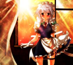  bad_id bad_pixiv_id blush braid female gloves grey_hair highres izayoi_sakuya maid maid_headdress red_eyes solo sousakubito sunset touhou 