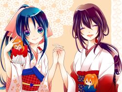  1boy 2girls aoi_mitsu blue_eyes blue_hair bow chibi closed_eyes commentary_request dual_persona high_ponytail himura_kenshin holding_hands interlocked_fingers japanese_clothes kamiya_kaoru kimono long_hair low_ponytail multiple_girls orange_hair ponytail purple_hair round_teeth rurouni_kenshin scar smile teeth time_paradox yukishiro_tomoe 