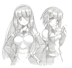  2girls :&lt; aouma bad_id bad_pixiv_id bare_shoulders blush breasts cleavage detached_sleeves dream_c_club dream_c_club_(series) eyepatch graphite_(medium) hair_tubes hairband hands_on_own_hips ili_(dream_c_club) lolita_hairband long_hair looking_at_viewer mari_(dream_c_club) medium_breasts monochrome multiple_girls short_hair traditional_media upper_body waitress 