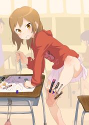  barefoot between_toes brown_eyes brown_hair censored classroom clenched_teeth commentary convenient_censoring convenient_leg desk drawing feet female highres holding_with_feet hood hood_down hoodie indoors kyoudyu legs marker miniskirt original pencil pencil_sharpener photoshop_(medium) pleated_skirt ruler school_desk short_hair skirt soles solo sweatdrop sweater teeth toes white_skirt writing 