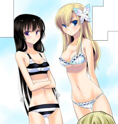  2girls bikini black_hair blonde_hair blue_bikini blue_eyes boku_wa_tomodachi_ga_sukunai bug butterfly butterfly_hair_ornament commentary_request crossed_arms frilled_bikini frills hair_ornament kashiwazaki_sena long_hair mikazuki_yozora multiple_girls navel purple_eyes skinny sports_bikini striped_bikini striped_clothes swimsuit uonuma_yuu 