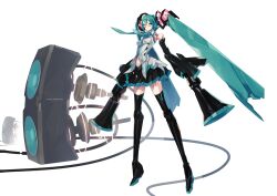  android aqua_eyes aqua_hair bespectacled black_skirt chinese_commentary commentary_request female glasses hatsune_miku joints long_hair long_legs mechanization megaphone miniskirt necktie photoshop_(medium) pleated_skirt pump_(pumpqmuq) robot_joints science_fiction skirt solo speaker striped_clothes striped_skirt thighhighs twintails very_long_hair vocaloid zettai_ryouiki 