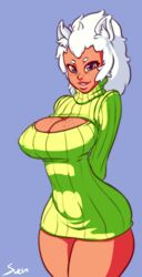  animal_humanoid big_breasts blue_eyes bottomless bovid breasts caprine cleavage cleavage_cutout clothed clothing cutout domestic_sheep female freckles grin hair hands_behind_back hi_res humanoid keyhole_turtleneck lips looking_at_viewer mammal sheep shephira_(cert) short_hair smile solo svenners sweater topwear turtleneck white_hair wide_hips 