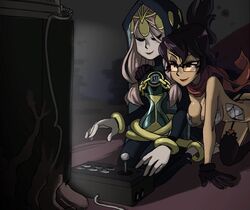  2girls aeon_(skullgirls) arcade_stick artist_request breasts cleavage closed_eyes controller folded_ponytail game_controller glasses gloves hood hourglass imageboard_desourced joystick large_breasts lipstick long_hair makeup multiple_girls non-web_source official_art pink_hair purple_hair semi-rimless_eyewear siblings sisters skullgirls tiara venus_(skullgirls) 