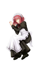  apron black_dress black_pantyhose bow bowtie closed_eyes commentary_request dress female full_body headdress highres hisui_(tsukihime) juliet_sleeves long_sleeves lying maid maid_apron maid_headdress melty_blood on_side pantyhose parted_lips pink_hair puffy_sleeves red_bow red_bowtie red_hair rna_(angel-smelter) shoes short_hair simple_background sleeping solo tsukihime white_apron white_background 