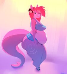  absurd_res anthro ass belly big_butt bra breasts clothing digital_media_(artwork) elmelie female fish hair hi_res looking_at_viewer marine musikalgenius navel non-mammal_breasts overweight overweight_anthro overweight_female pink_hair shark solo thick_thighs underwear 