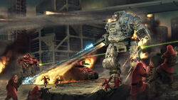  6+boys anthony_scroggins_(shimmering_sword) arm_cannon armor backpack bag battle battletech beam beam_gun blood boots building burning city commentary_request cyborg damaged draconis_combine energy_beam energy_weapon explosion fire flamethrower goggles goggles_on_head greaves gun highres holster laser looking_at_viewer looking_back machine_gun malak_(battletech) manei_domini mecha missile multiple_boys particle_projector_cannon pouch realistic red_robe reverse-jointed_legs robe robot rocket_launcher ruins scope smoke sunder_(battletech) urban walker_(robot) war weapon word_of_blake wreckage 